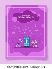 digital health people doctor nurse around patient use wheel chair smartphone for template of banners, flyer, books cover, magazines with liquid shape style