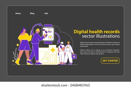 Digital health platform concept. Secure management and sharing of medical records online. Telemedicine and patient care technology. Vector illustration.