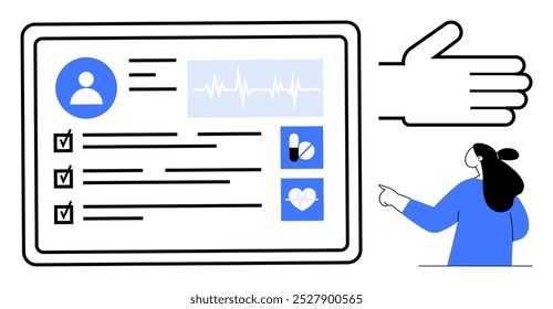 Digital health record with data sections ECG waveform and medical icons Hand hovering over screen with person pointing. Ideal for digital healthcare eHealth medical records telemedicine patient data