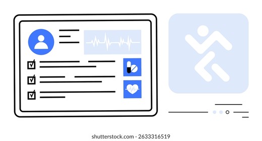 Digital health record displaying profile, checklist, ECG trace, medication icons, and heart rate symbol. Ideal for medical apps, patient management, health monitoring, telemedicine, electronic health