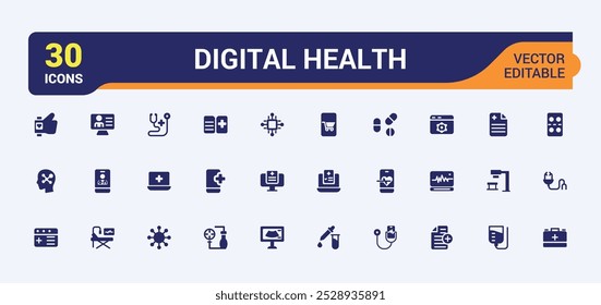 Conjunto de iconos sólidos del servicio de salud digital. Contiene medicamentos, hospital, tratamiento, ayuda, atención médica, cuidado de la piel y más. Colección de iconos rellenos. Editable y píxel perfecto.