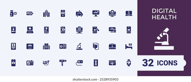 Conjunto de iconos sólidos del servicio de salud digital. Contiene medicamentos, hospital, tratamiento, ayuda, atención médica, cuidado de la piel y más. Colección de iconos rellenos. Editable y píxel perfecto.