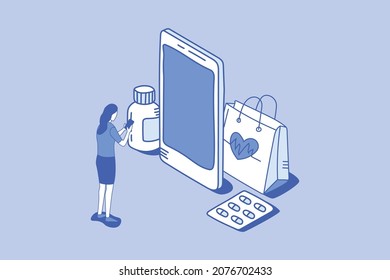 digital health smartphone access technology concept with outline isometric style