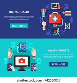 Digital Health Solutions Products Online 2 Flat Horizontal Banners Webpage Design With Mobile Devices Isolated Vector Illustration 