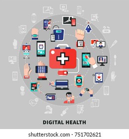 Digital Health Symbols Icons Flat Circle Composition With Mobile Wearable Devices Measuring Medical Body Parameters Vector Illustration 