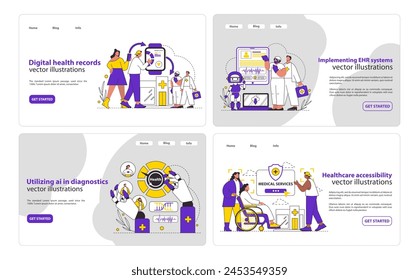 Conjunto de tecnología de salud digital. Profesionales médicos manejando registros electrónicos y ayudando a los pacientes. Diagnósticos innovadores y mejor acceso a la atención. Ilustración vectorial.