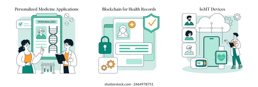 Digital Health Technology set. Personalized medicine, secure health records blockchain, and IoT medical devices illustrated. Modern healthcare innovation and data security concepts. Vector