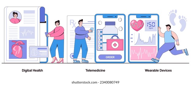 Digital Health, Telemedicine, Wearable Devices Concept with Character. Healthcare Technology Abstract Vector Illustration Set. Wellness, Monitoring, Connected Care Metaphor.