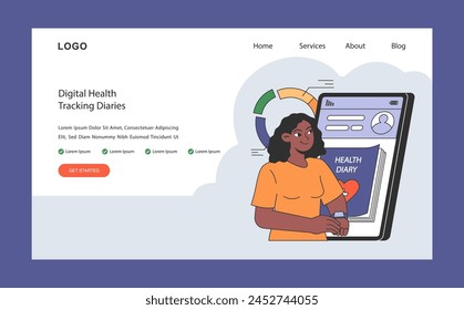 Digital Health Tracking Diaries concept. A modern tool for monitoring wellness. Empowering individuals with health data management. Tracking progress digitally. Flat vector illustration.