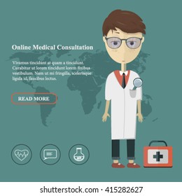 Digital health your smart-phone or computer online consultation healthy lifestyle doctor icon in flat style, vector illustration. Online medicine concept. EPS 10.
