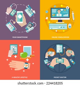 Digital Health Your Smartphone Online Consultation Healthy Lifestyle Pocket Doctor Icons Flat Set Isolated Vector Illustration