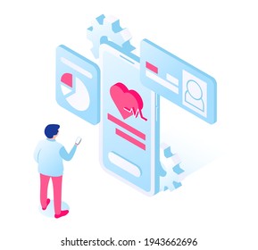 Digital Healthcare Concept. 3d Man Watch Over His Health With Smartphone. Checking Pulse, Statistics, Profile. Vector Illustration In Isometric Style. Isolated On White Background