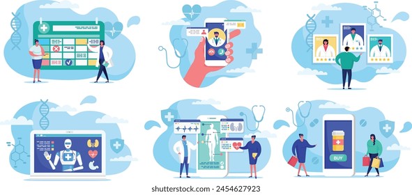 Digital healthcare concept characters, online doctor appointments medical consultation. Variety healthcare services offered online professionals, technology medicine, easy accessibility. Flat design