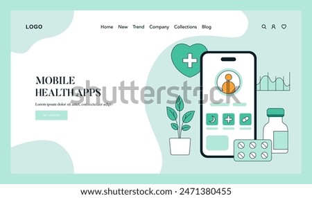 Digital healthcare concept. A smartphone interface displaying user profile, heartbeat, and medication reminders. Mobile technology in modern medicine. Vector illustration.
