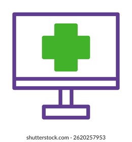 Digital healthcare display: A violet computer showcasing a green medical symbol
