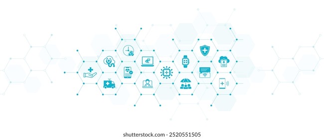 digital healthcare and ehealth and iot technology in medicine vector illustration. Concept related to medical big data, cloud applications, wearable health monitoring, digital or virtual diagnosis.