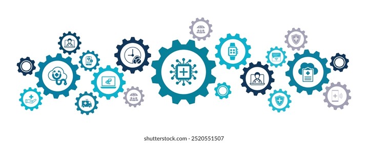 digital healthcare and ehealth and iot technology in medicine vector illustration. Concept related to medical big data, cloud applications, wearable health monitoring, digital or virtual diagnosis.