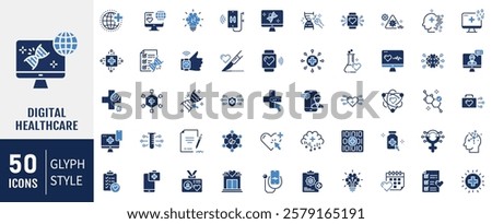 Digital healthcare flat icon set. Containing  Tech, virtual, computing, online, medicine icons. Vector illustration
