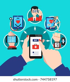 Digital healthcare gadgets tools software with index finger choosing smartphone screen menu options flat poster vector illustration 