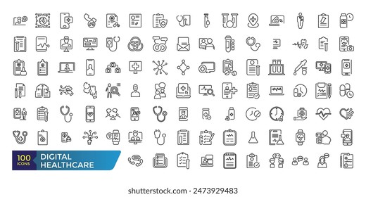 Digital healthcare icon set. Collection and pack of linear web and ui icons. Editable stroke. Vector illustration