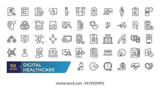 Digital healthcare icon set. Collection and pack of linear web and ui icons. Editable stroke. Vector illustration