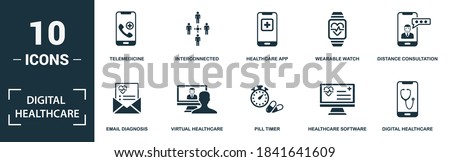 Digital Healthcare icon set. Collection of simple elements such as the telemedicine, interconnected, healthcare app, wearable watch. Digital Healthcare theme signs.