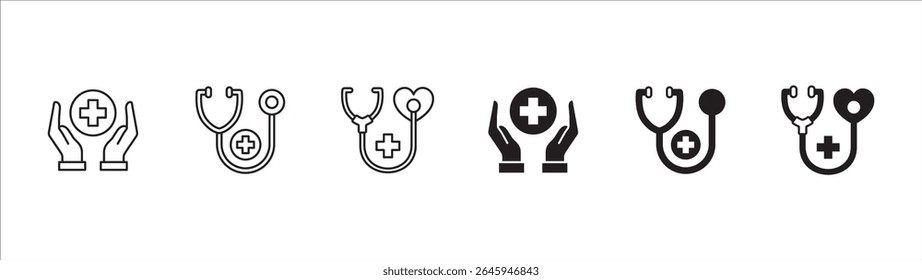 Digital Healthcare icon set. Doctor and health insurance icon. Icon set contains hospital, doctor, consultation, clinic, stethoscope, nurse, family, emergency, online service. Vector illustration.