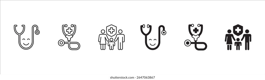Conjunto de ícones do Digital Healthcare. Ícone de médico e seguro de saúde. Conjunto de ícones contém hospital, médico, consulta, clínica, estetoscópio, enfermeiro, família, emergência, serviço on-line. Ilustração vetorial.