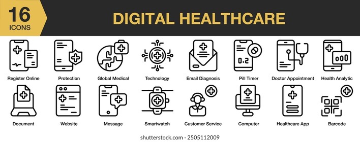 Conjunto de iconos de Digital Healthcare. Incluye medicina global, App de la salud, temporizador de píldoras, protección, tecnología y más. Colección de Vector de iconos de contorno.