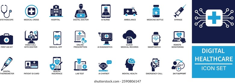 Digital Healthcare icon set Stethoscope, Medical cross, Heart with pulse, Hospital, Digital Doctor, Nurse, Ambulance, You can easily change the color.