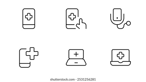 Ícone de saúde digital, ícone de medicina tele vetor conjunto design com curso editável. Linha, sólido, linha plana, estilo fino e adequado para página da Web, aplicativo móvel, UI, design UX.