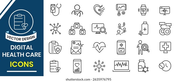 Digital healthcare icon vector set. Line icon of digital healthcare icon symbol and sign, virtual, computing, phone, medicine, virus, heartbeat. Vector illustration.