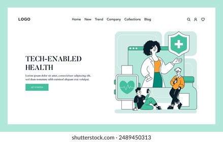 Digital healthcare illustration. A woman presents a protective health shield, symbolizing secure medical technology, alongside individuals using wearable devices. Vector illustration.