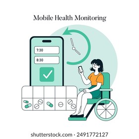 Digital healthcare illustration. A woman in a wheelchair schedules medication reminders on her smartphone. The convenience of mobile health apps. Vector illustration.