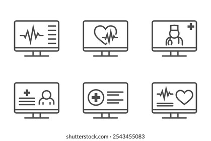 Conjunto de ícones de linha da área de saúde digital. Portal do paciente, médico on-line e cardiograma no monitor do computador. Imagens vetoriais isoladas em estilo simples