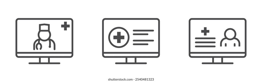 Digital healthcare line icons. Patient portal and online doctor consultation. Isolated vector images in simple style