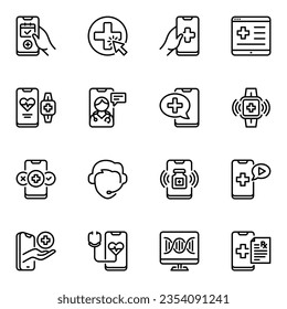 Digital healthcare line icons set. pulse, heartbeat, reminder, consultation, diagnosis, stethoscope, watch, aid, patient, pictogram, stroke, virtual, clinical, check, emergency, website