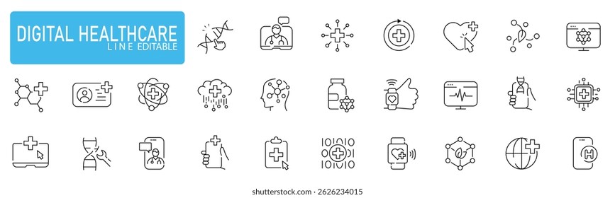A digital healthcare line icons set includes medical technology, telemedicine, health monitoring, and online consultation symbols, perfect for modern healthcare concepts