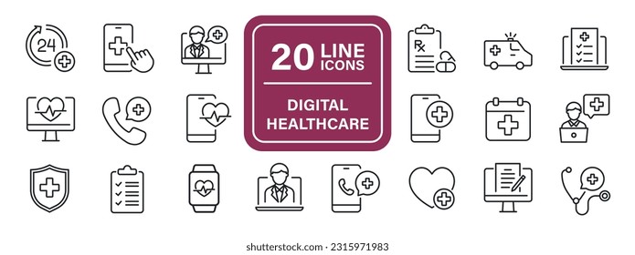 Digital healthcare line icons. For website marketing design, logo, app, template, ui, etc. Vector illustration.