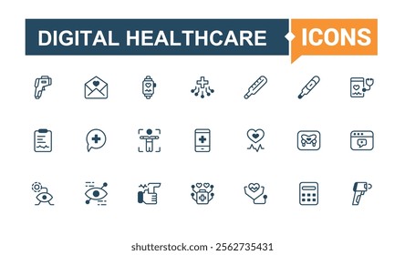 Digital Healthcare linear icon collection. Contains related to app, medicine, medical, computer, future, web, vector, electronic. Collection for mobile and web apps. Outline and solid pictogram.