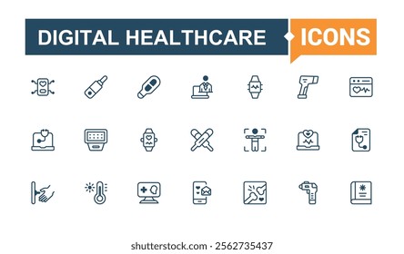 Digital Healthcare linear icon collection. Contains related to app, medicine, medical, computer, future, web, vector, electronic. Collection for mobile and web apps. Outline and solid pictogram.