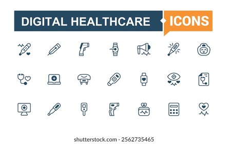 Digital Healthcare linear icon collection. Contains related to app, medicine, medical, computer, future, web, vector, electronic. Collection for mobile and web apps. Outline and solid pictogram.