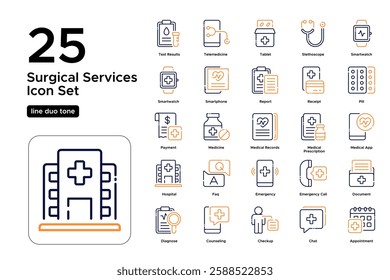 Digital Healthcare and Medical Assistance. Virtual Consultation, Health Monitoring, and E-Health Services. Vector Illustration. Oultine duo tone icon set