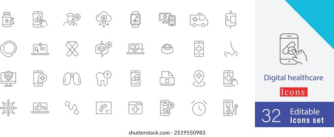 Digital healthcare medical  stroke icon set.