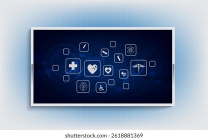 Rede de Saúde Digital com Ícones Médicos na Interface Futurista

