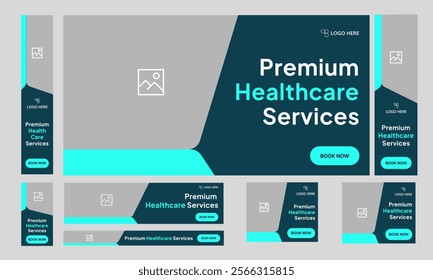 Digital healthcare services web set banner design for social media post, daily medical services web bundle banner design, fully customizable vector eps 10 file format