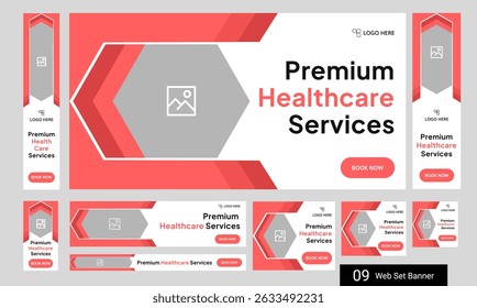 Digital healthcare services web set banner design for social media post, daily medical services web bundle banner design, fully customizable vector eps 10 file format