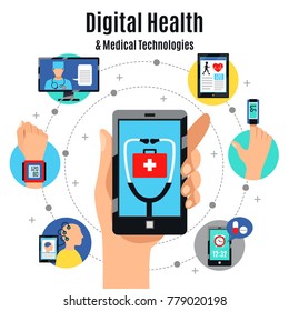 Digital Healthcare Solutions With Electronic Devices Flat Composition Poster With Mobile Touchscreen Phone Medical Apps Vector Illustration