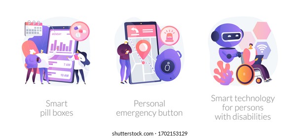 Digital healthcare support abstract concept vector illustration set. Smart pill boxes, personal emergency button, smart technology for persons with disabilities, home automation abstract metaphor.