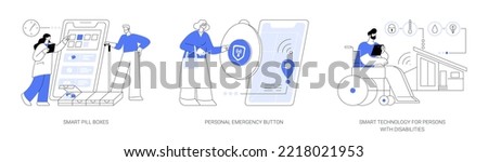 Digital healthcare support abstract concept vector illustration set. Smart pill boxes, personal emergency button, smart technology for persons with disabilities, home automation abstract metaphor.